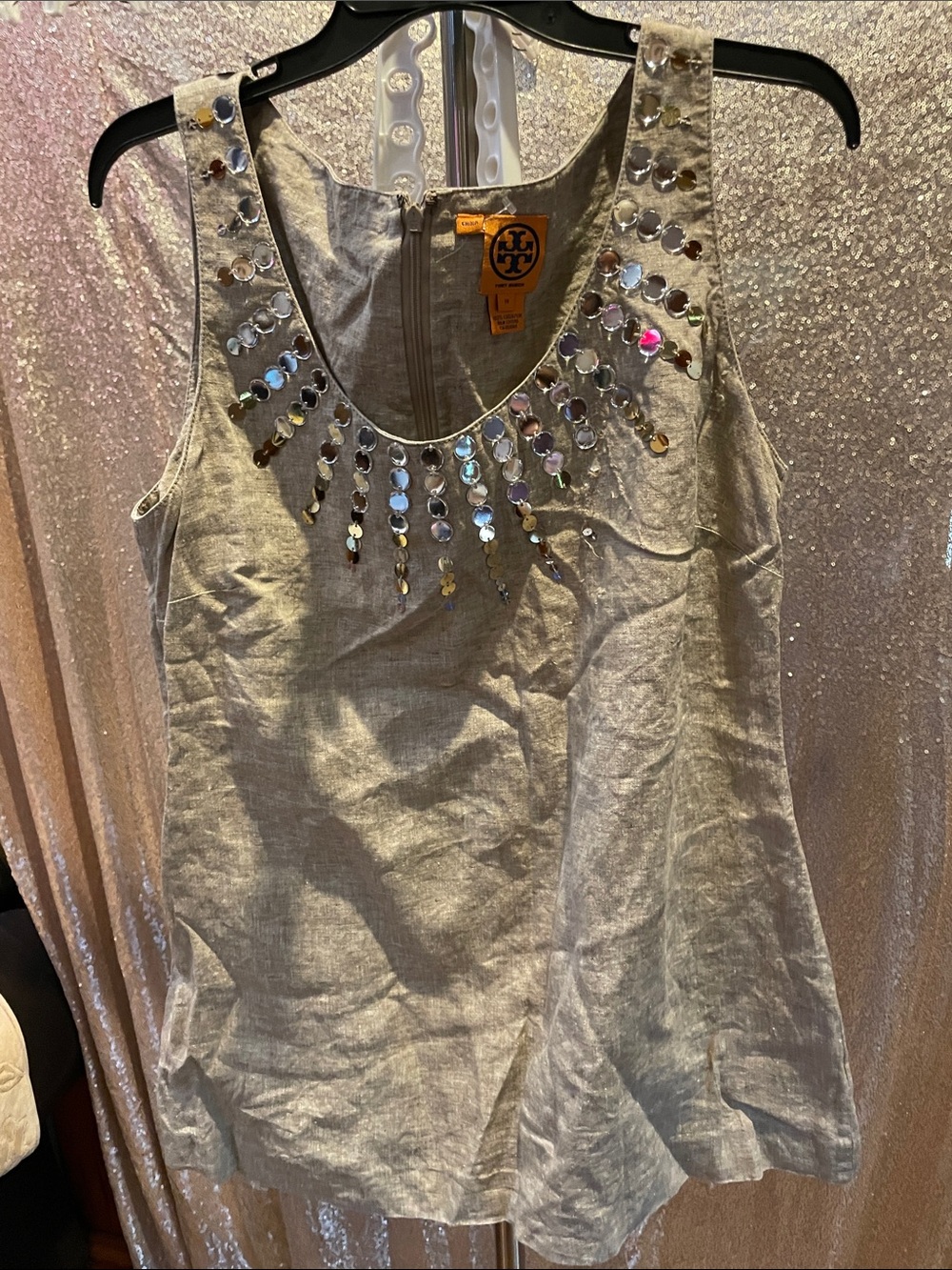 Tory Burch Linen Blend Embellished Tank in Light Gray with Iridescent Sequins